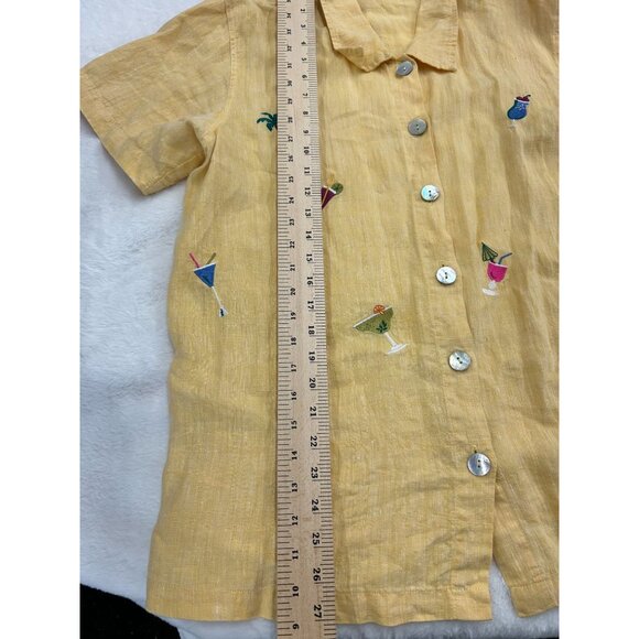 VTG Focus Medium- Yellow 100% Linen Button-Up Shirt W/ Tropical Embroidery - Picture 4 of 9